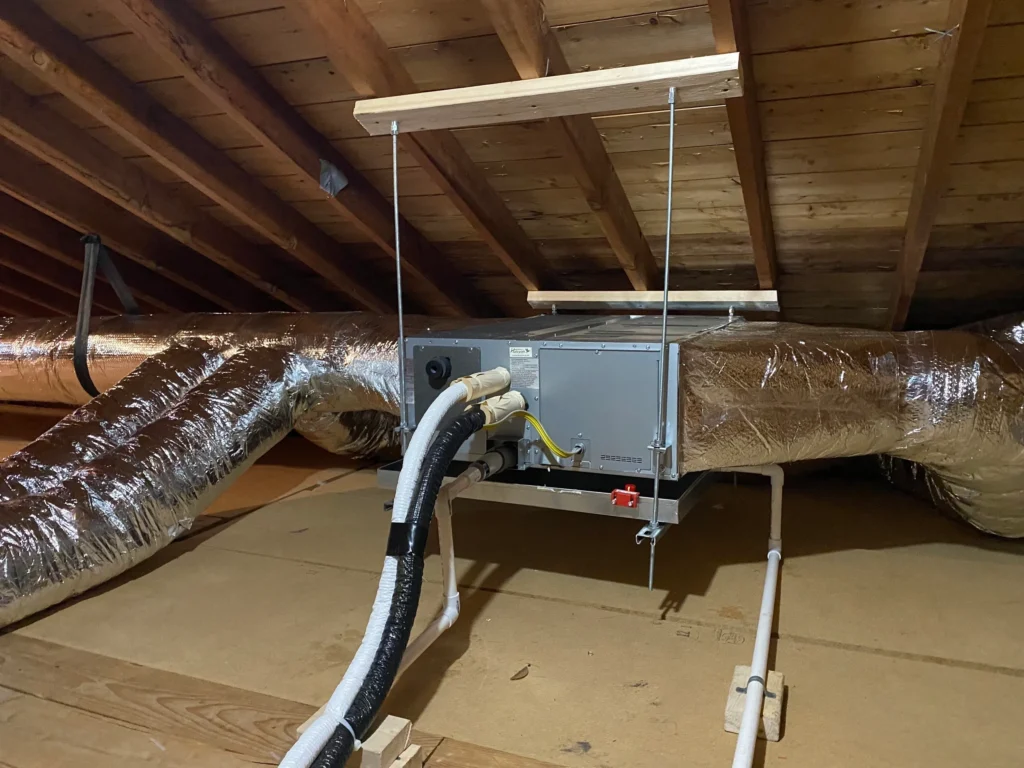 A duct system in the attic of an older home.